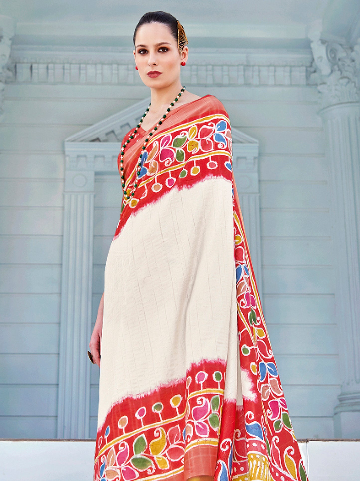 Women's Cotton Blend White Printed Designer Saree With Blouse Piece