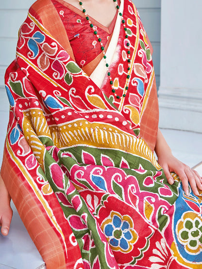 Women's Cotton Blend White Printed Designer Saree With Blouse Piece