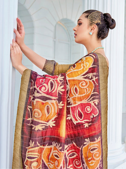 Women's Cotton Blend Olive Printed Designer Saree With Blouse Piece