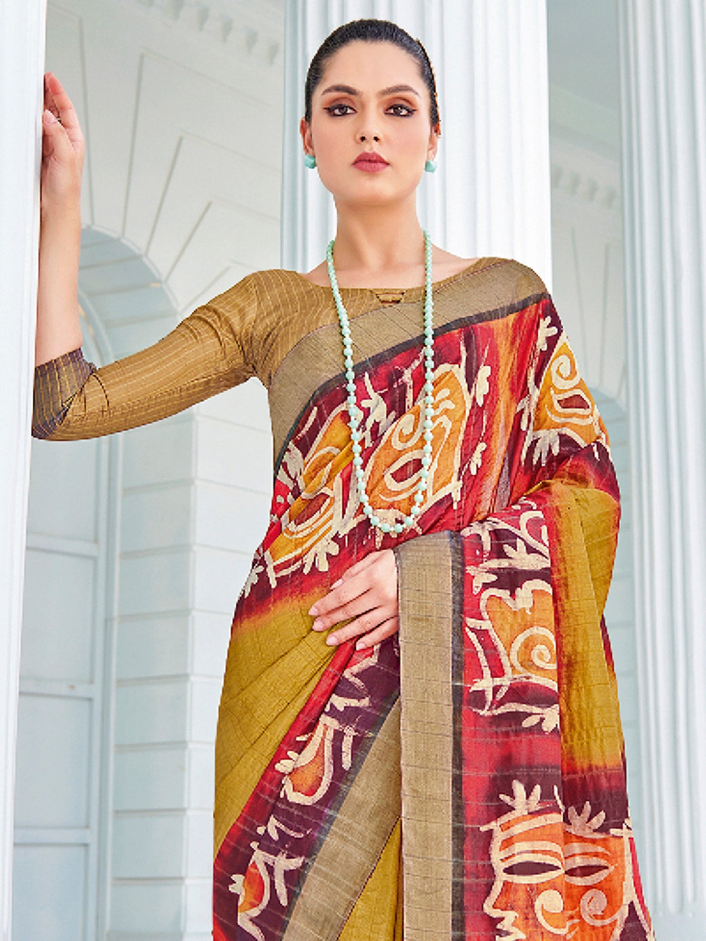 Women's Cotton Blend Olive Printed Designer Saree With Blouse Piece