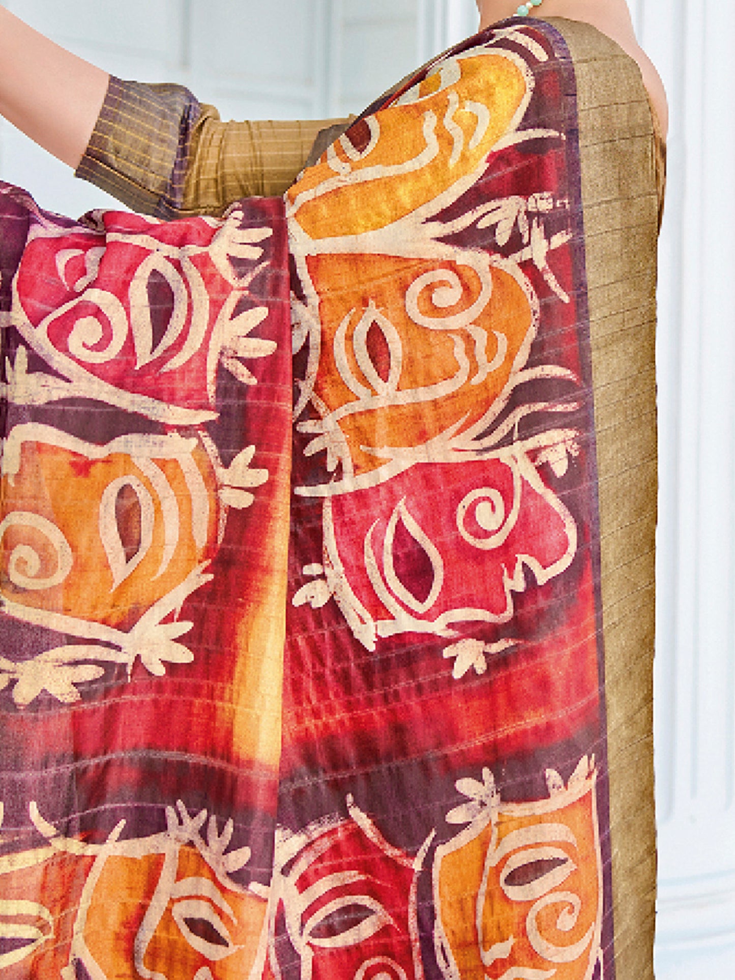 Women's Cotton Blend Olive Printed Designer Saree With Blouse Piece