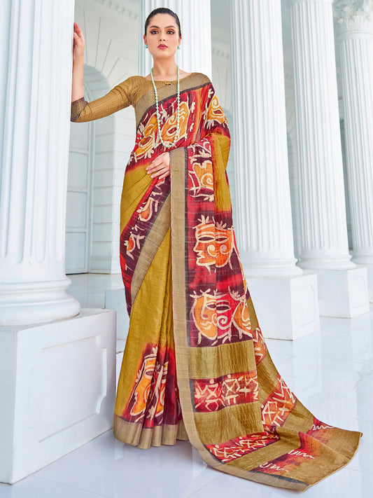 Women's Cotton Blend Olive Printed Designer Saree With Blouse Piece