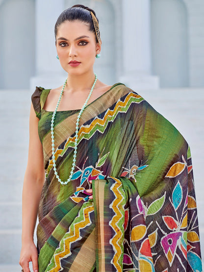 Women's Cotton Blend Green Printed Designer Saree With Blouse Piece