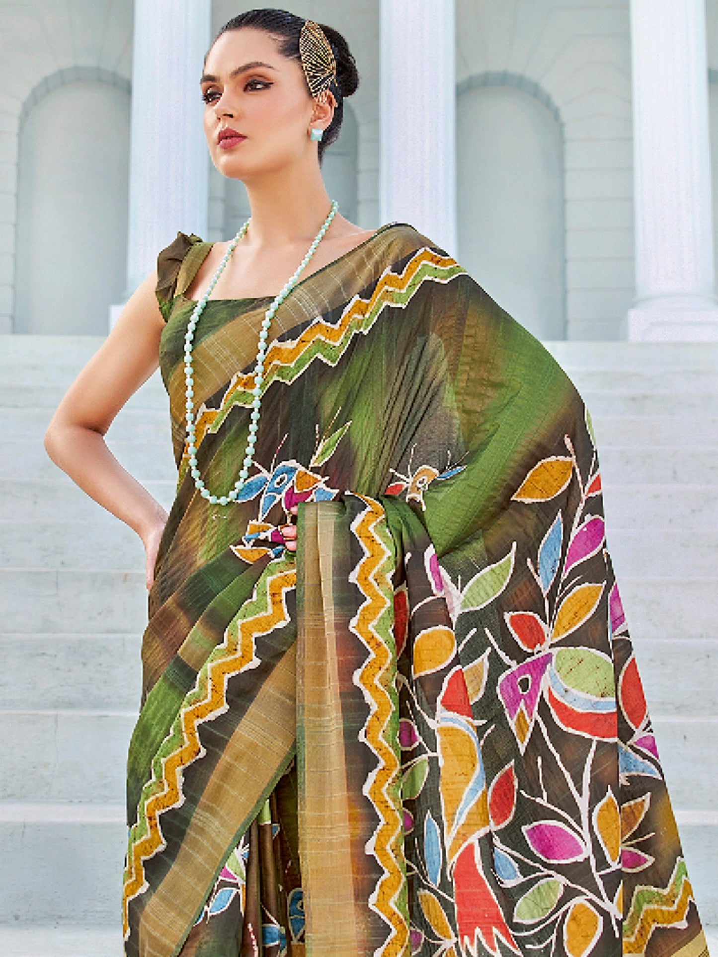 Women's Cotton Blend Green Printed Designer Saree With Blouse Piece