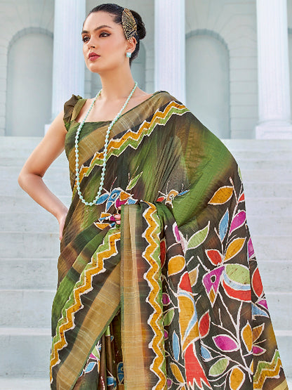 Women's Cotton Blend Green Printed Designer Saree With Blouse Piece