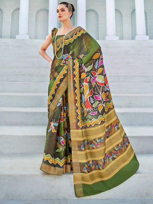 Women's Cotton Blend Green Printed Designer Saree With Blouse Piece