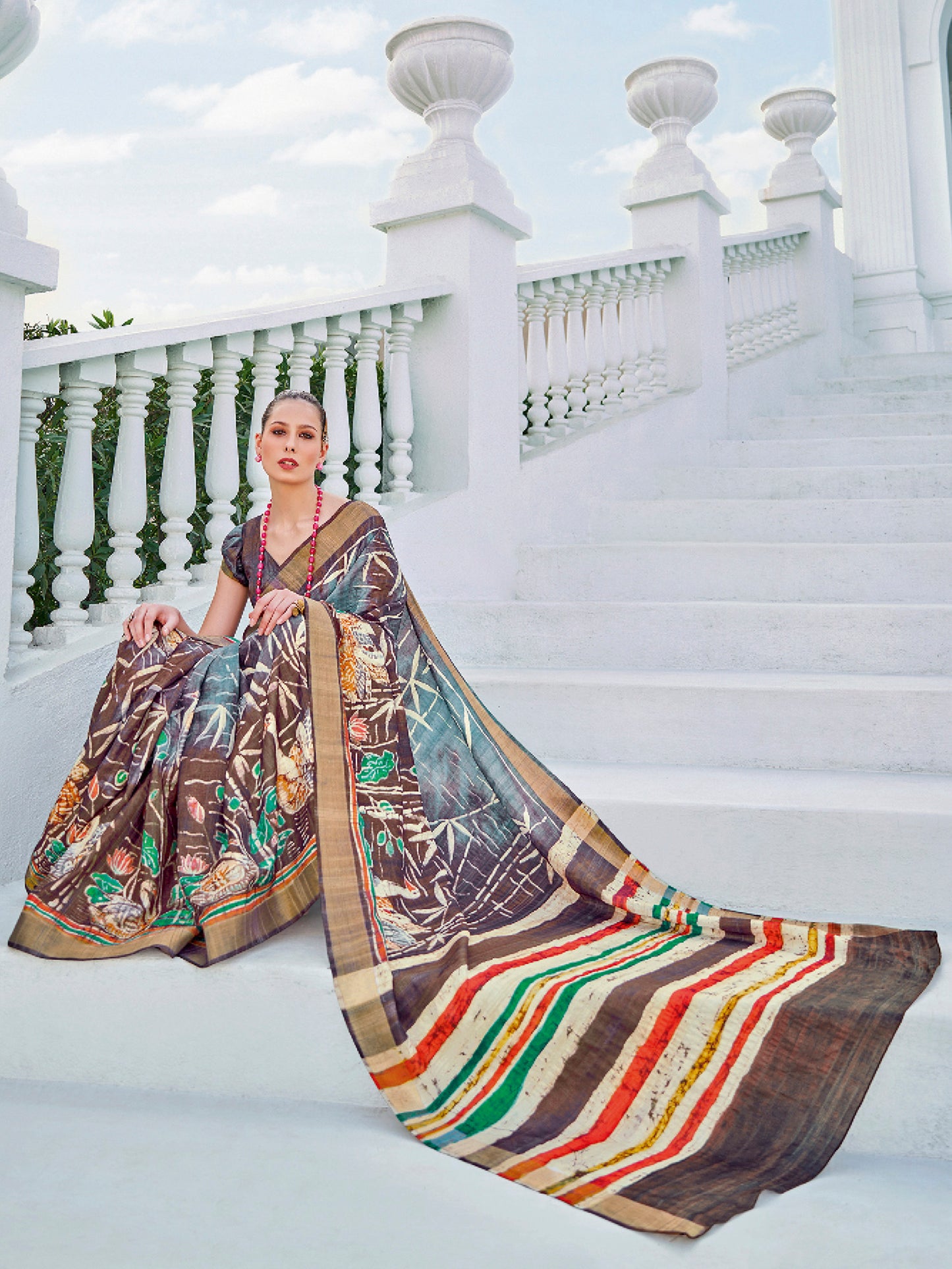 Women's Cotton Blend Brown Printed Designer Saree With Blouse Piece