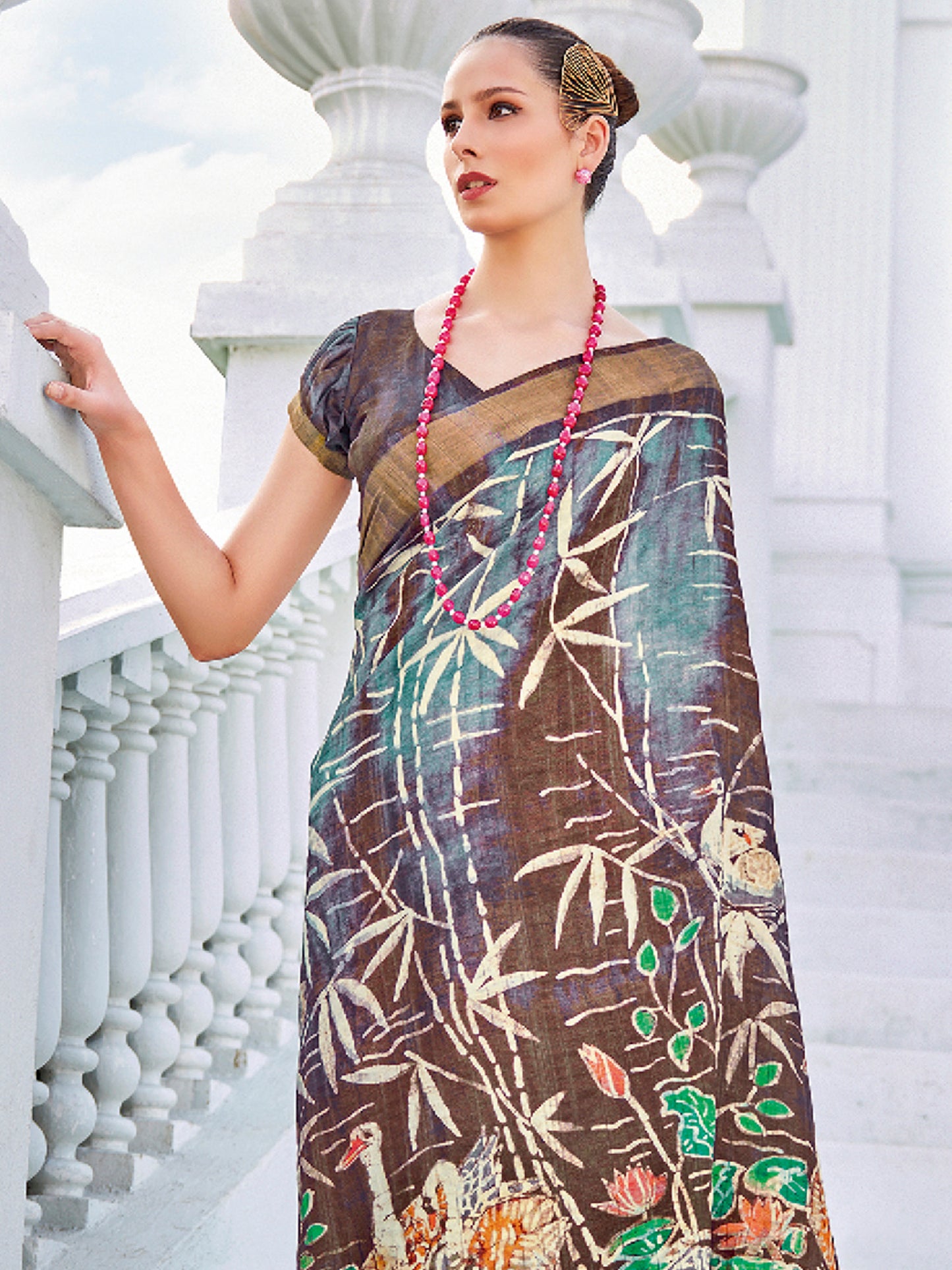 Women's Cotton Blend Brown Printed Designer Saree With Blouse Piece