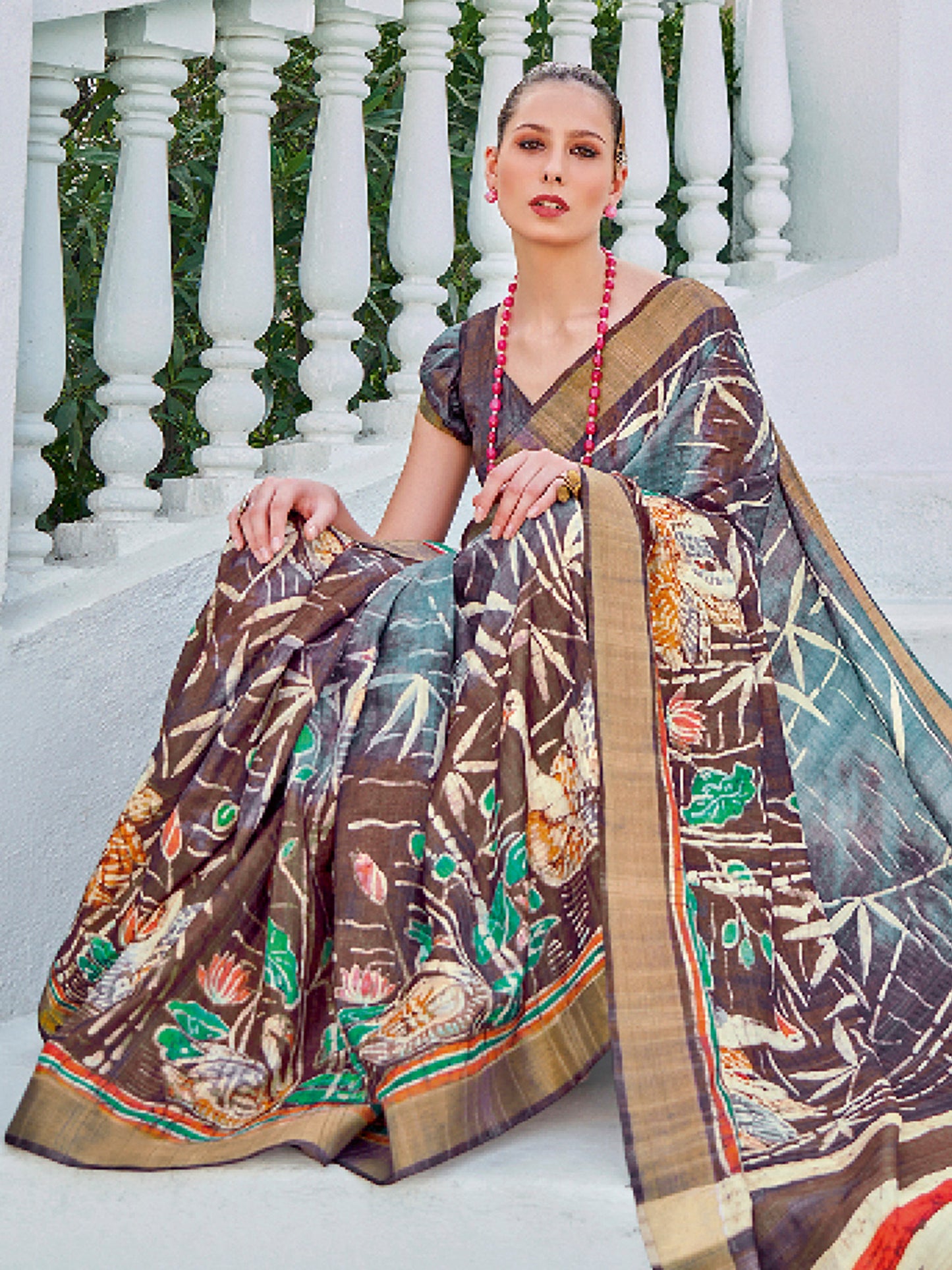 Women's Cotton Blend Brown Printed Designer Saree With Blouse Piece