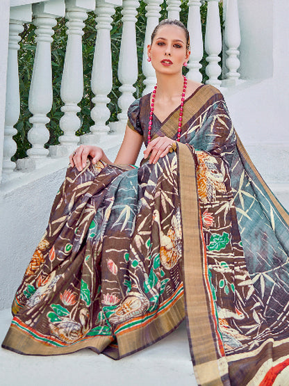 Women's Cotton Blend Brown Printed Designer Saree With Blouse Piece