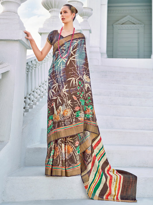 Women's Cotton Blend Brown Printed Designer Saree With Blouse Piece