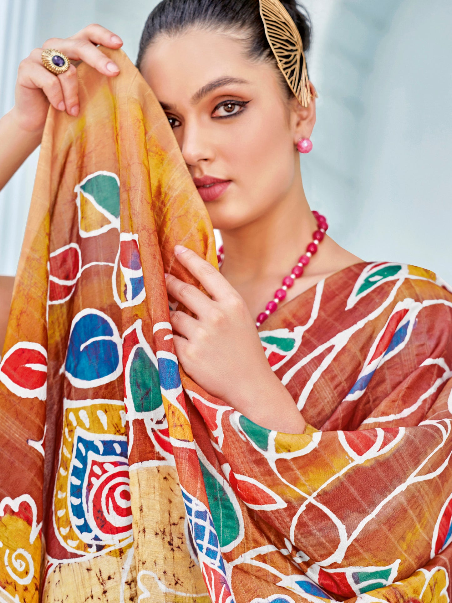 Women's Cotton Blend Orange Printed Designer Saree With Blouse Piece