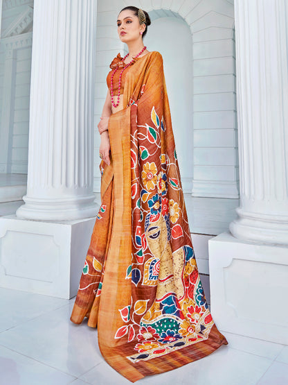Women's Cotton Blend Orange Printed Designer Saree With Blouse Piece