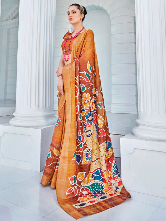 Women's Cotton Blend Orange Printed Designer Saree With Blouse Piece