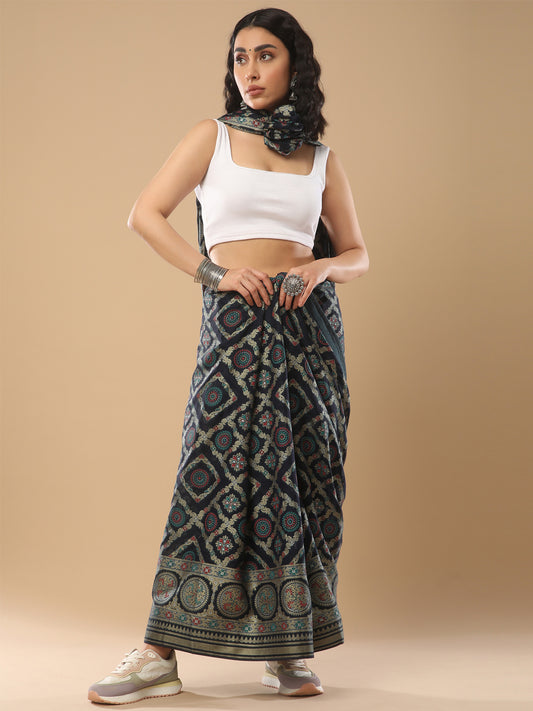 Women's Organza Navy Blue Woven Design Designer Saree With Blouse Piece