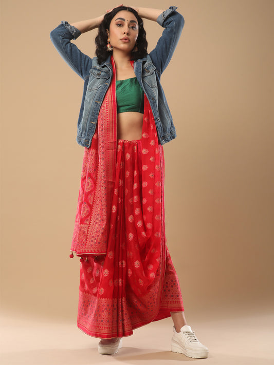 Women's Organza Pink Woven Design Designer Saree With Blouse Piece