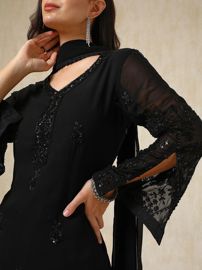 Dhiyona SO Women's Floral Embroidered Beads & Stones Straight Kurta with Palazzos & Dupatta