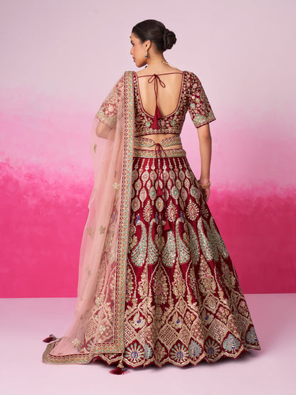 Women Red Pure silk Moti, Sequins embroidery  Bridel Lehenga choli & Dupatta