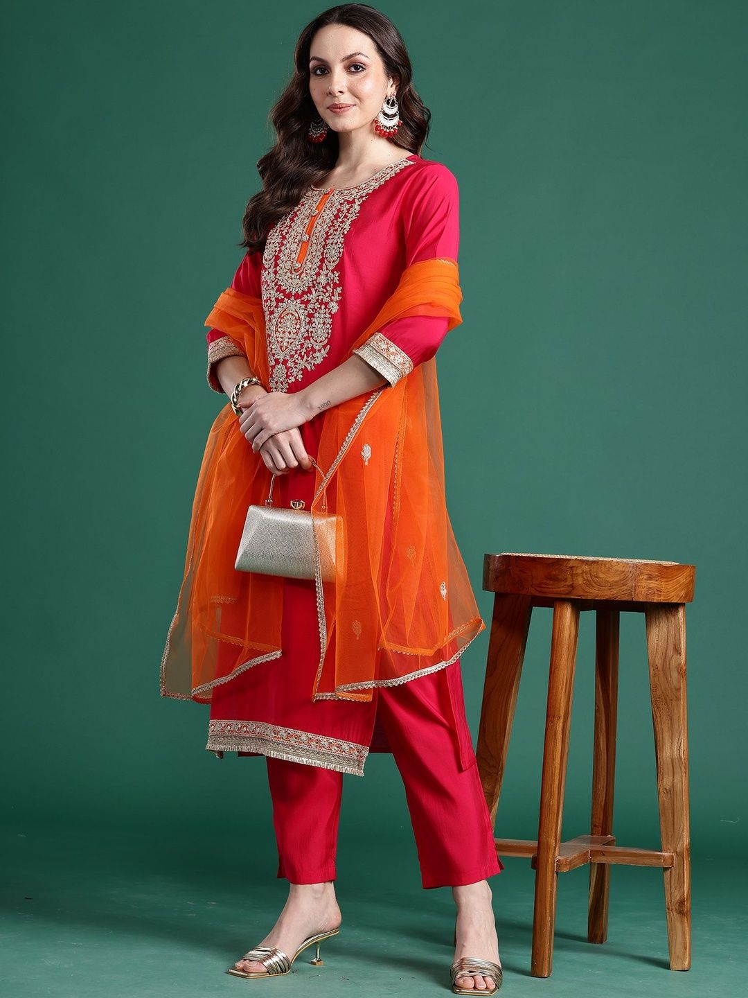 Ethnic Motifs Embroidered Zari Regular Kurta With Trouser And Dupatta