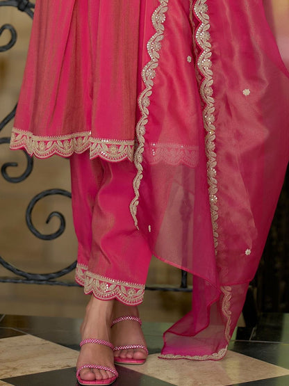 Embroidered Notch A-Line Kurta With Trousers & Dupatta