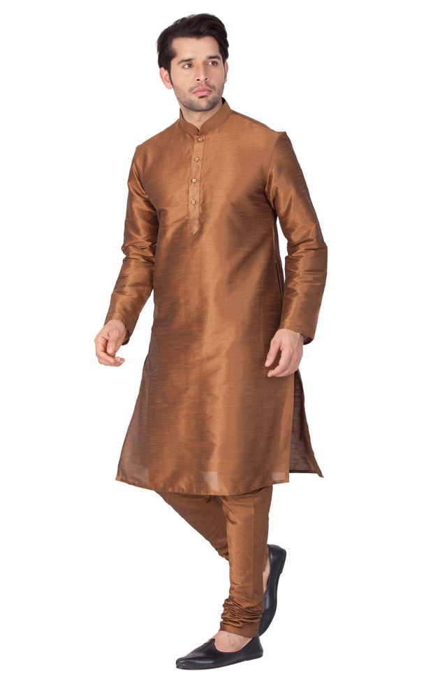 Men's Coffee Silk Blend Straight Kurta Pyjama Set