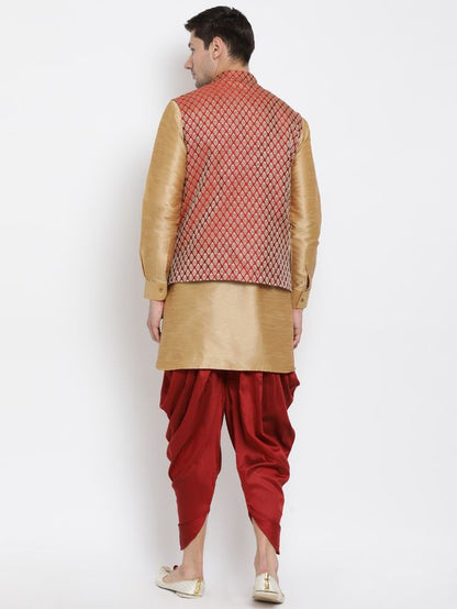 Men's Rose Gold Silk Blend Straight Jacket  Kurta and Dhoti Set