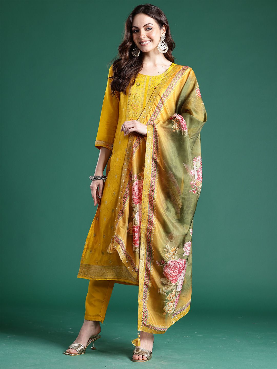 Woven Design Round Neck Straight Kurta With Trouser & Dupatta