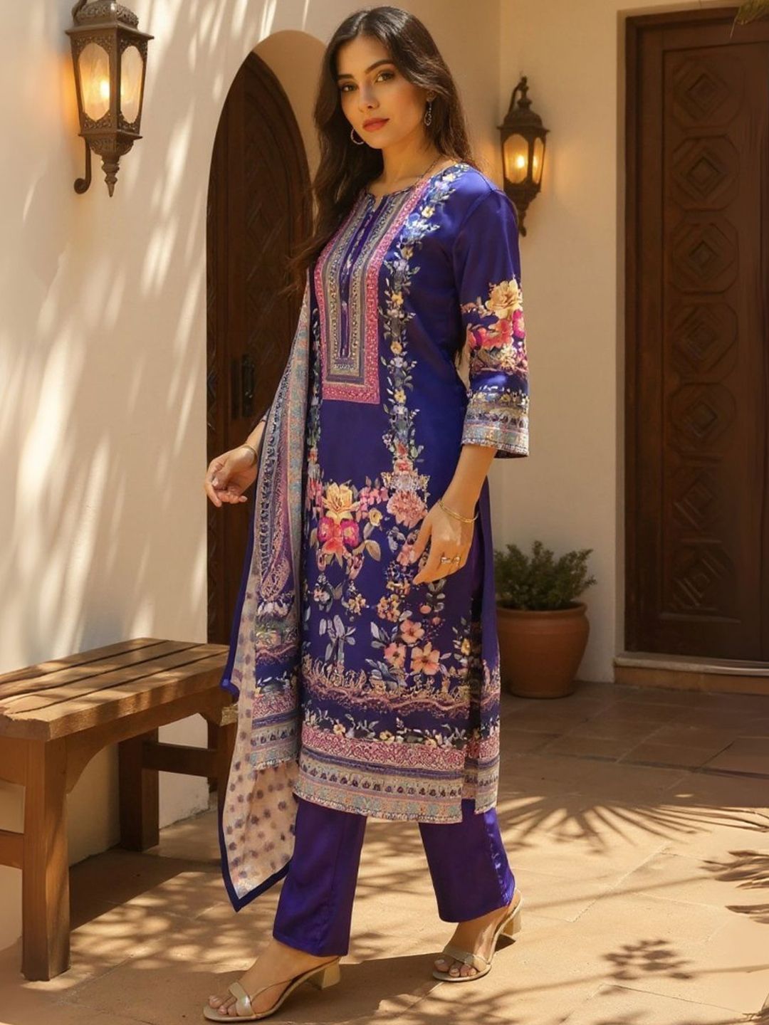 Women Floral Printed Regular Beads & Stones Kurta with Trousers & Dupatta