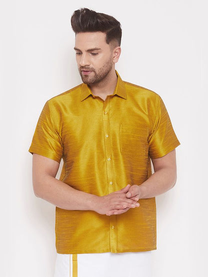 Men's Mustard Silk Blend Straight Shirt And Mundu