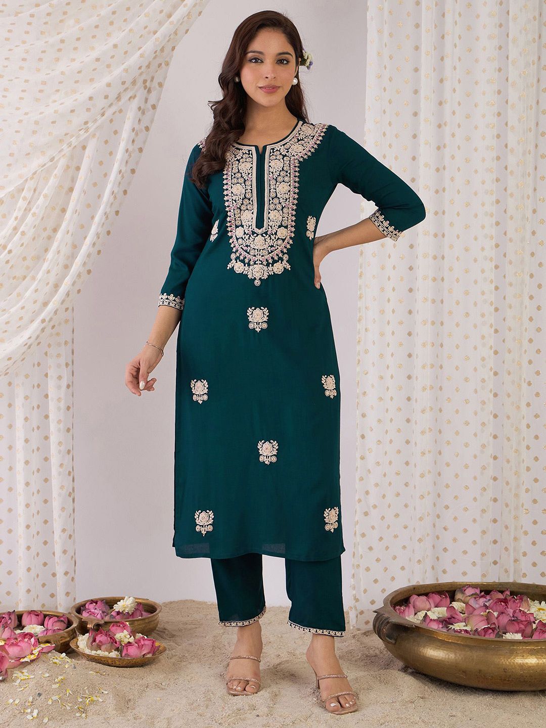 Women Embroidered Regular Kurta with Trousers