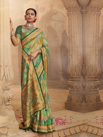 Women's Silk Blend Sea Green Woven Design Designer Saree With Blouse Piece