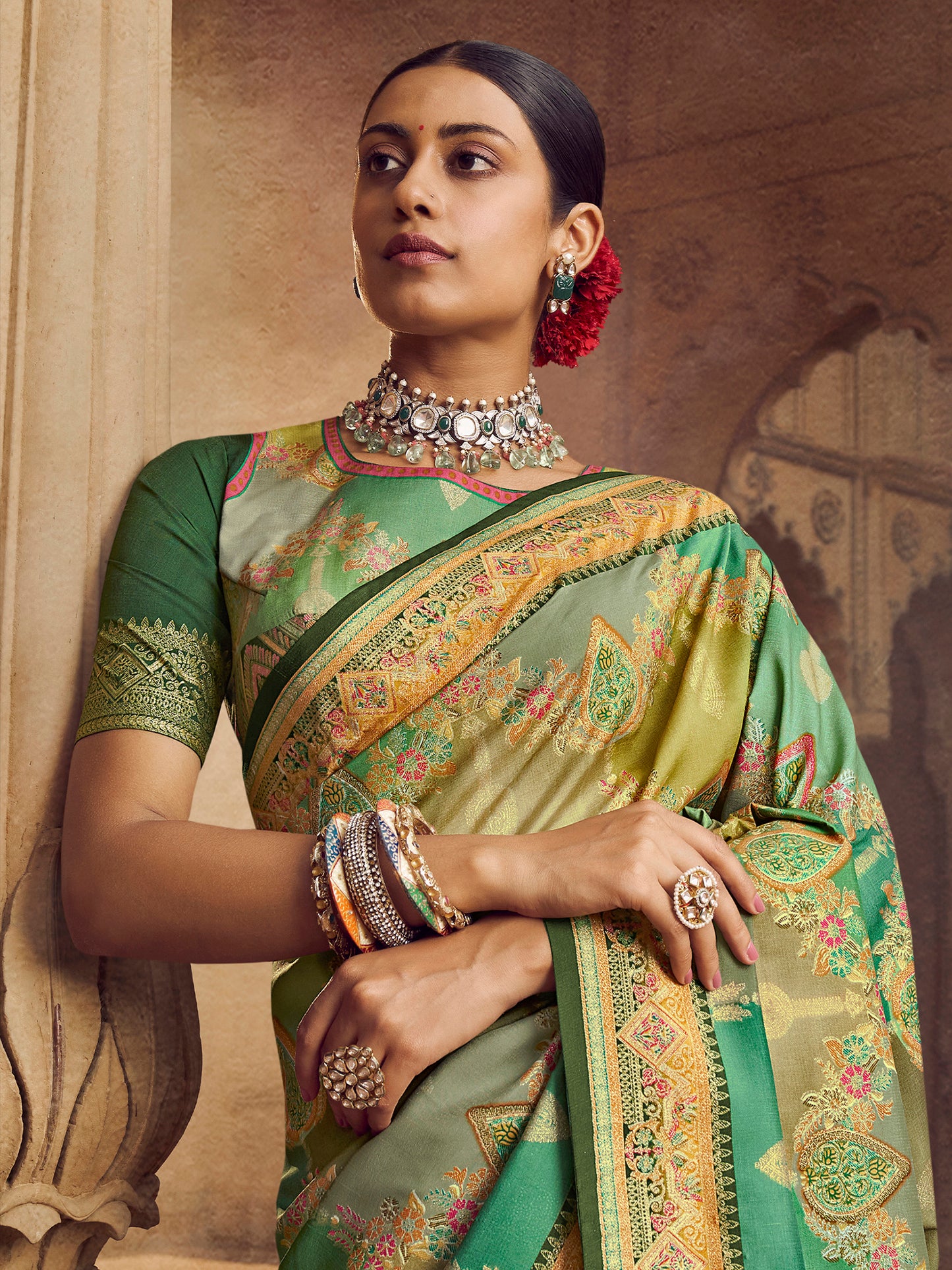 Women's Silk Blend Sea Green Woven Design Designer Saree With Blouse Piece