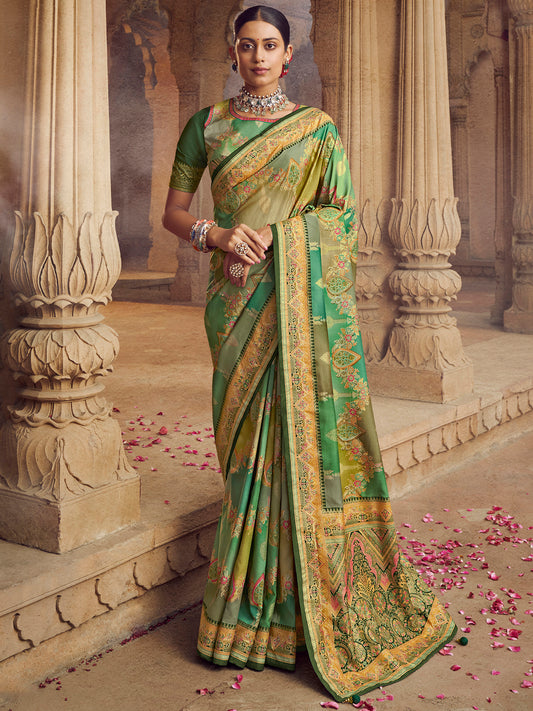 Women's Silk Blend Sea Green Woven Design Designer Saree With Blouse Piece