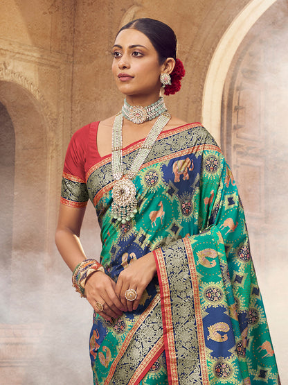 Women's Silk Blend Blue Woven Design Designer Saree With Blouse Piece