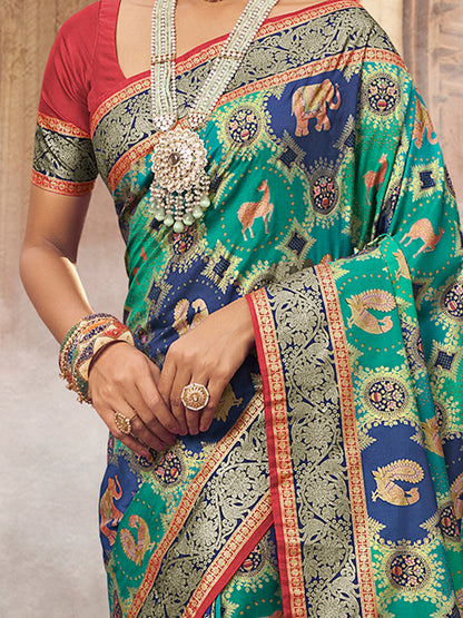 Women's Silk Blend Blue Woven Design Designer Saree With Blouse Piece