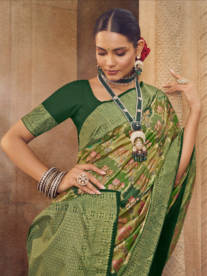 Women's Silk Blend Olive Woven Design Designer Saree With Blouse Piece