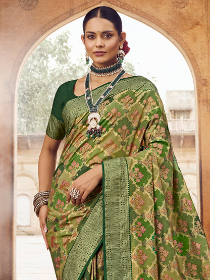Women's Silk Blend Olive Woven Design Designer Saree With Blouse Piece