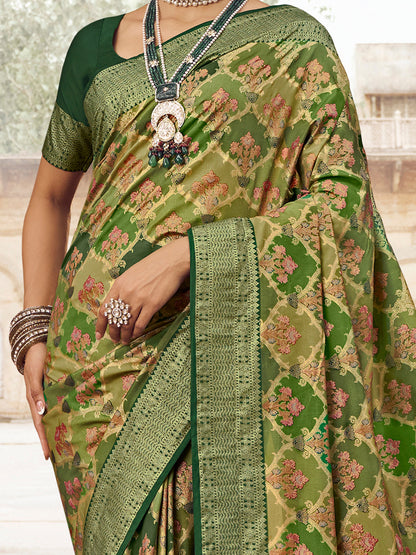 Women's Silk Blend Olive Woven Design Designer Saree With Blouse Piece