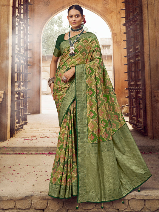 Women's Silk Blend Olive Woven Design Designer Saree With Blouse Piece