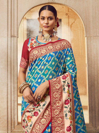 Women's Silk Blend Blue Woven Design Designer Saree With Blouse Piece