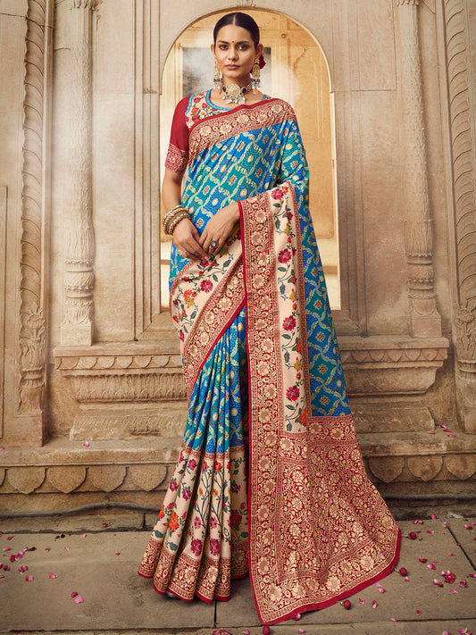 Women's Silk Blend Blue Woven Design Designer Saree With Blouse Piece