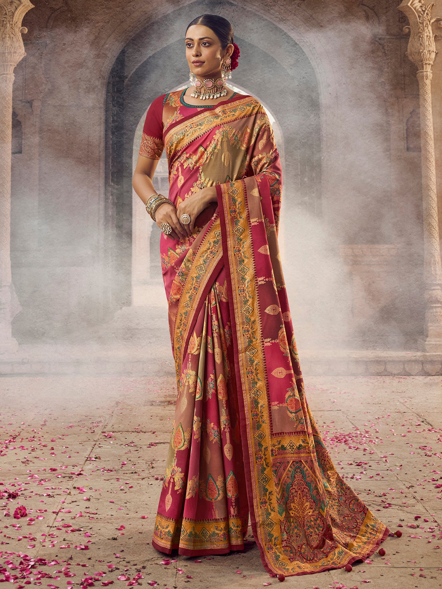 Women's Silk Blend Pink Woven Design Designer Saree With Blouse Piece