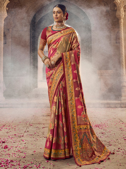 Women's Silk Blend Pink Woven Design Designer Saree With Blouse Piece