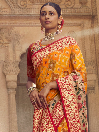 Women's Silk Blend Yellow Woven Design Designer Saree With Blouse Piece