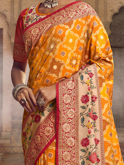 Women's Silk Blend Yellow Woven Design Designer Saree With Blouse Piece