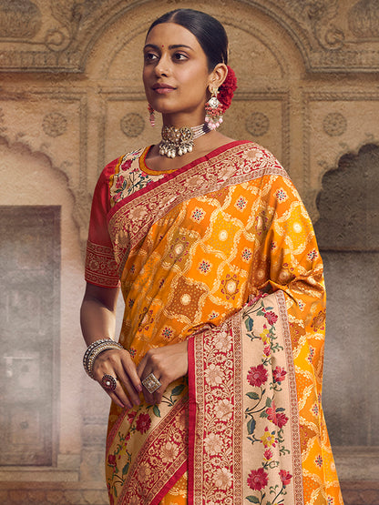 Women's Silk Blend Yellow Woven Design Designer Saree With Blouse Piece