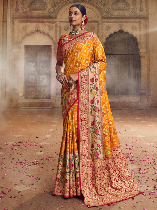 Women's Silk Blend Yellow Woven Design Designer Saree With Blouse Piece