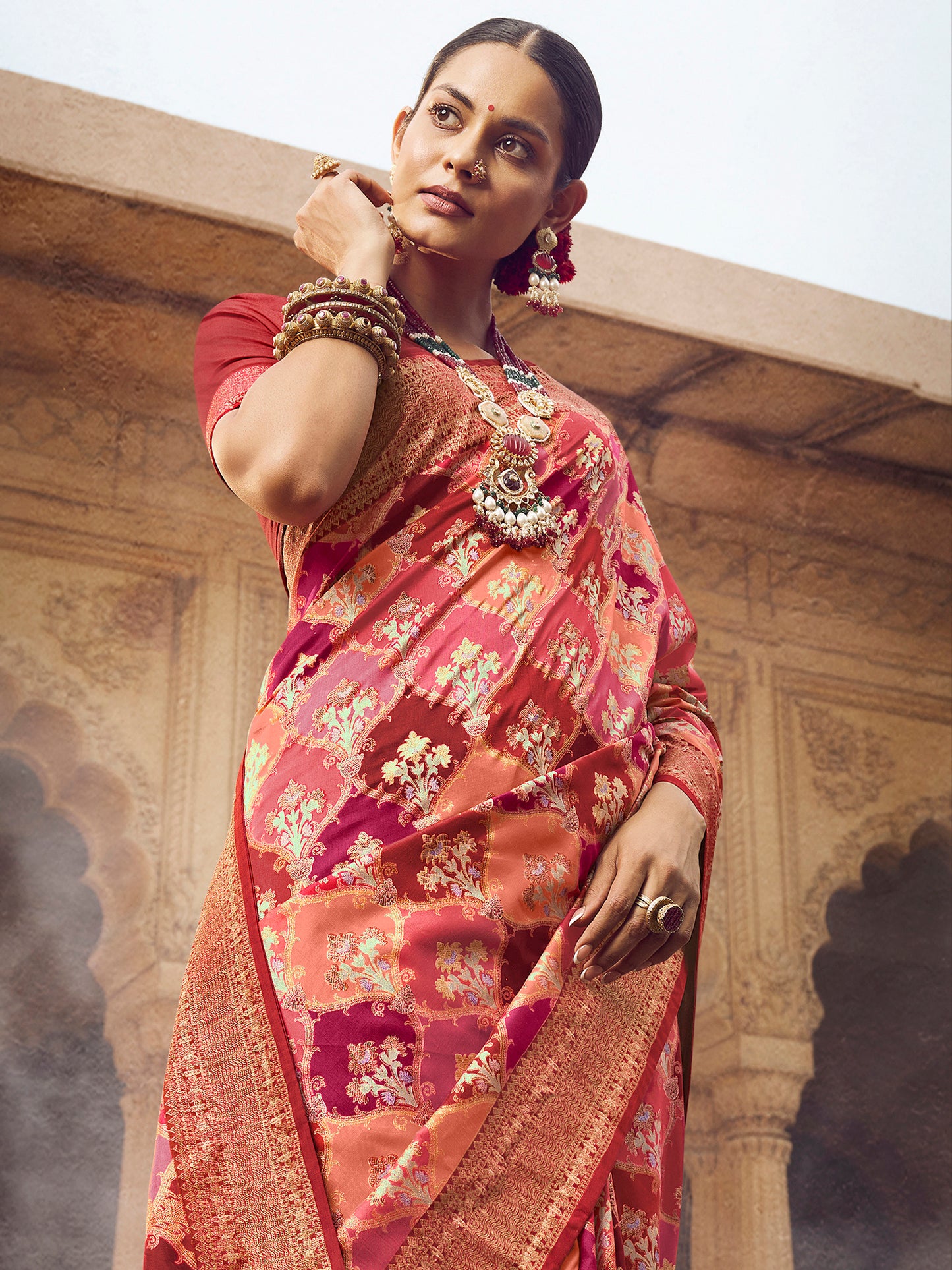 Women's Silk Blend Peach Woven Design Designer Saree With Blouse Piece