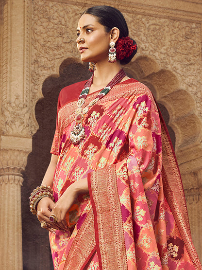 Women's Silk Blend Peach Woven Design Designer Saree With Blouse Piece