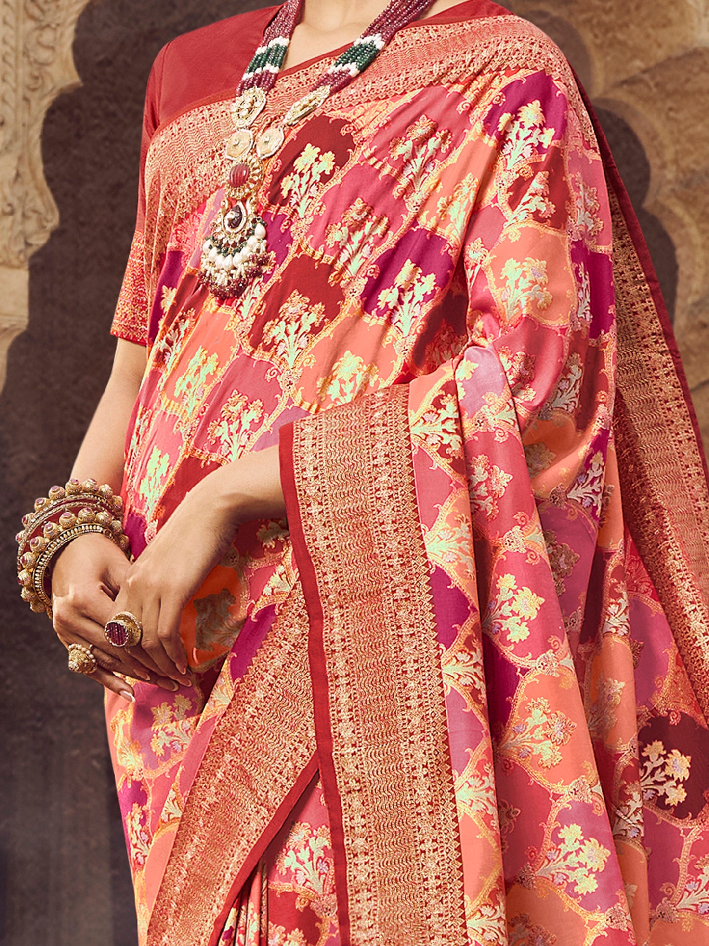 Women's Silk Blend Peach Woven Design Designer Saree With Blouse Piece